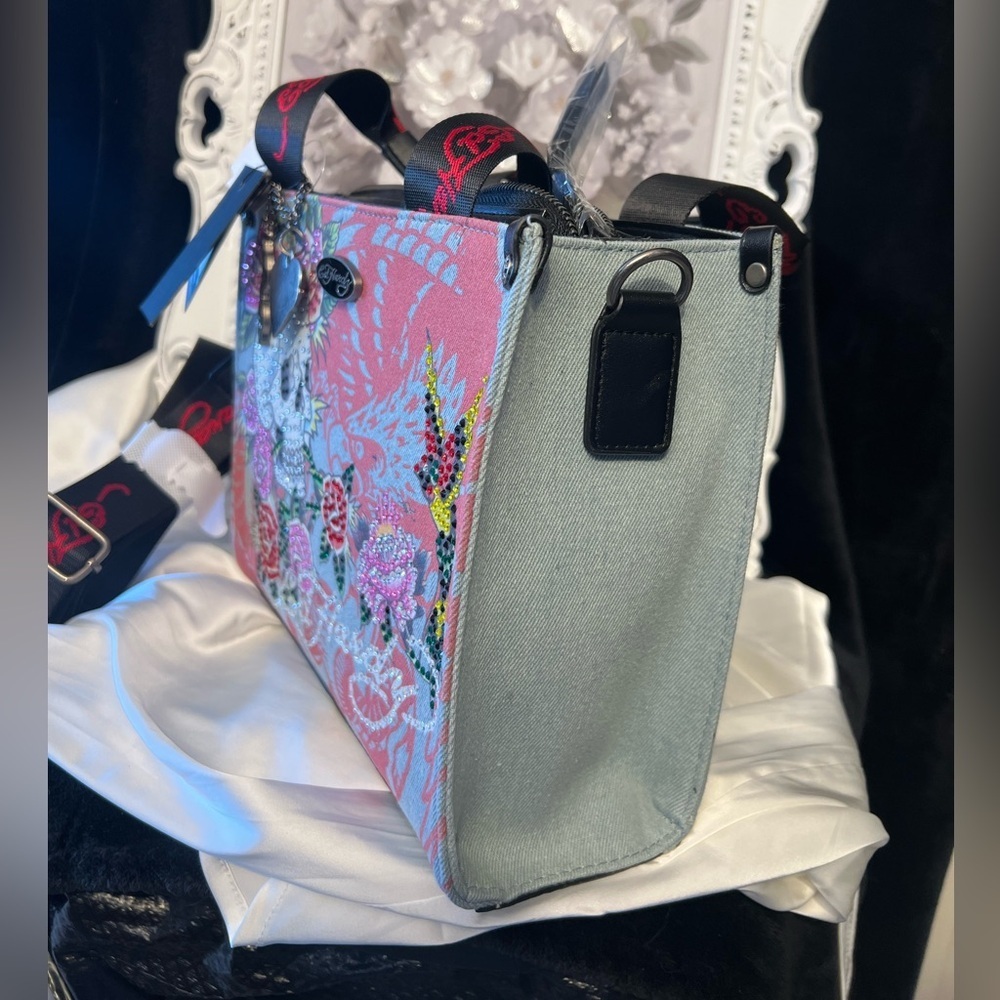 🌹☠️Ed Hardy Skull Rose Rhinestone Denim Tote🌹☠️-NWT - Picture 7 of 17
